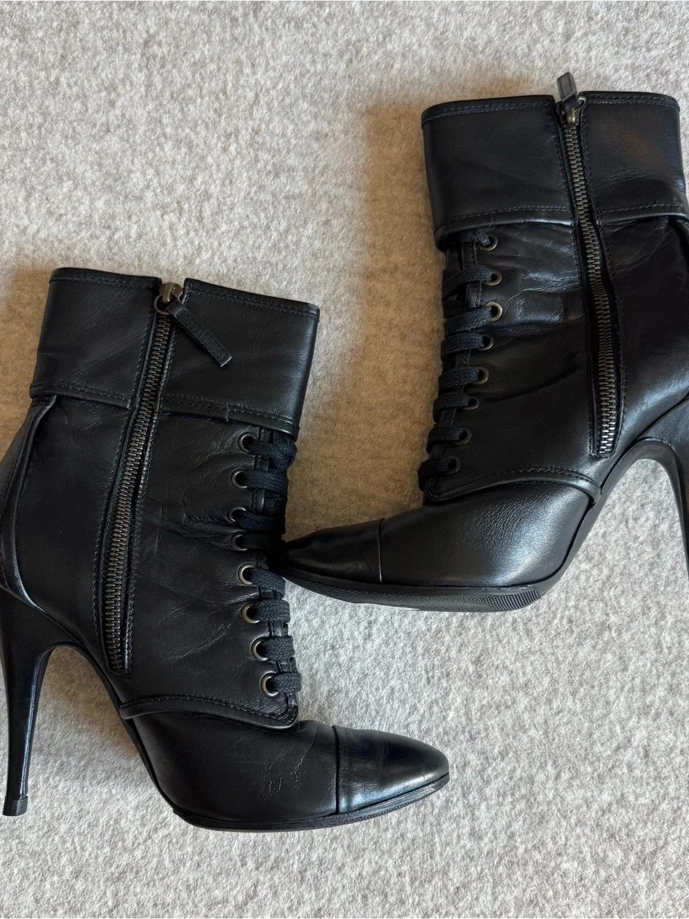 Balmain Black Leather Lace-Up Ankle Boots with Buckle Cuffs